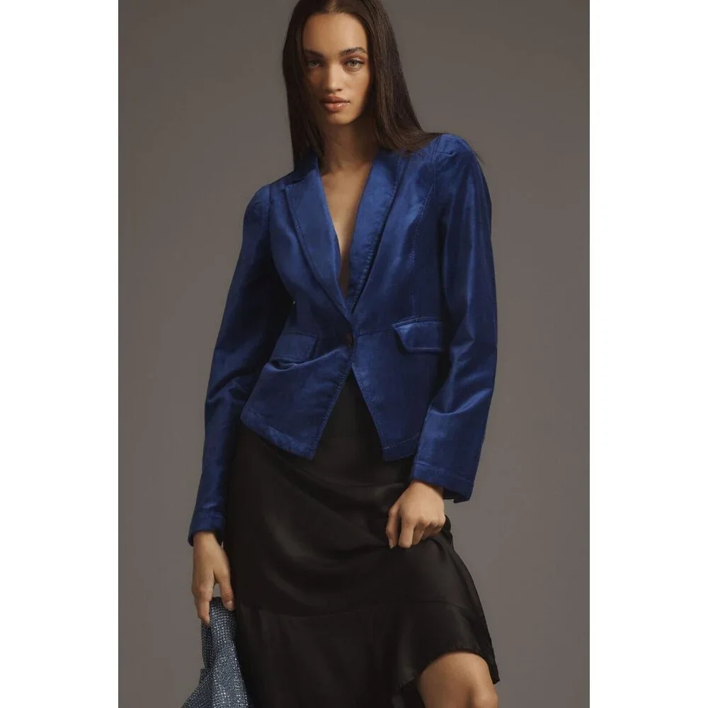 NWT Anthropologie Cropped Velvet Blazer XXS Blue Purple Holiday